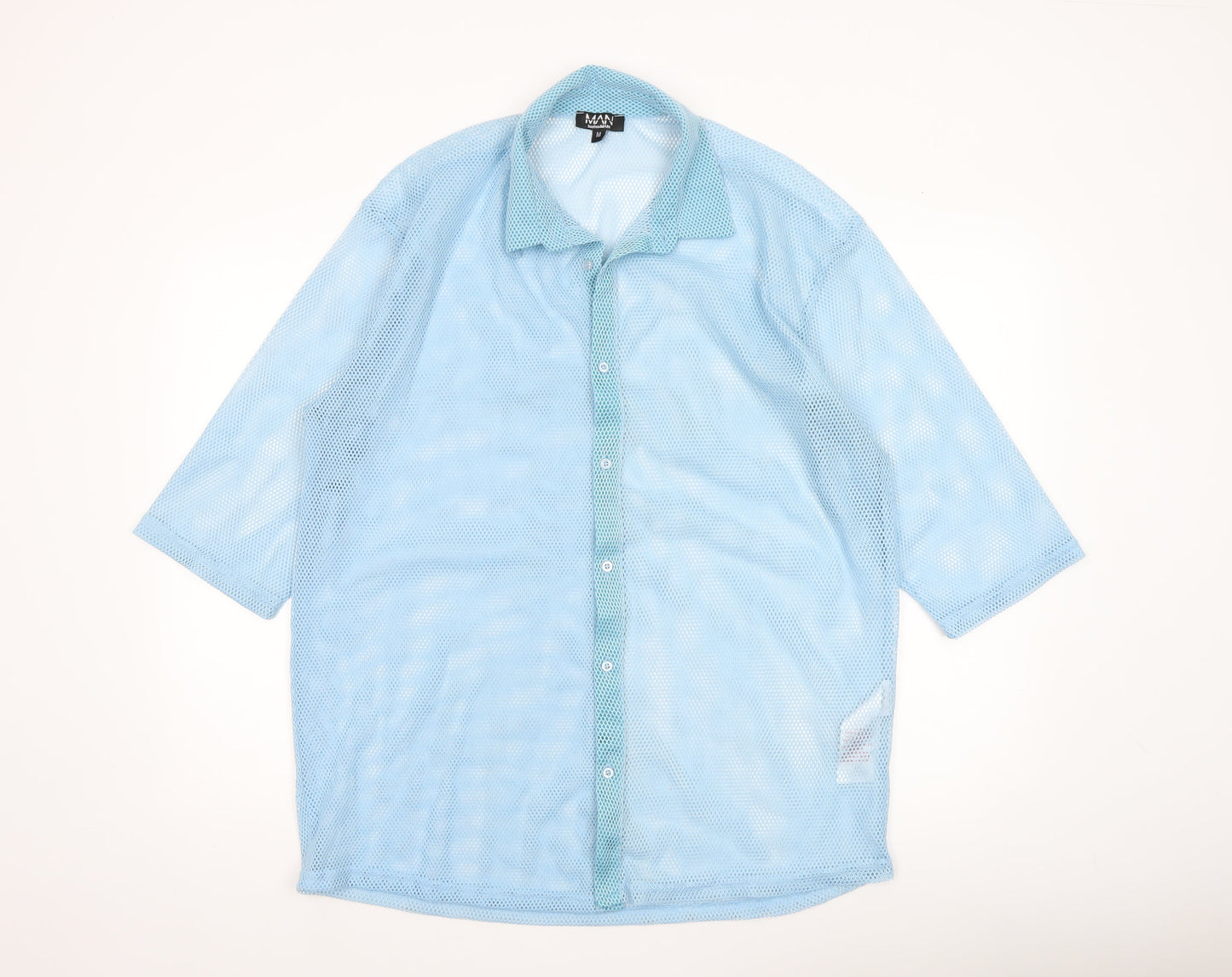 boohooMAN Men's Blue Mesh Button-Up 3/4 Sleeve Casual Shirt M