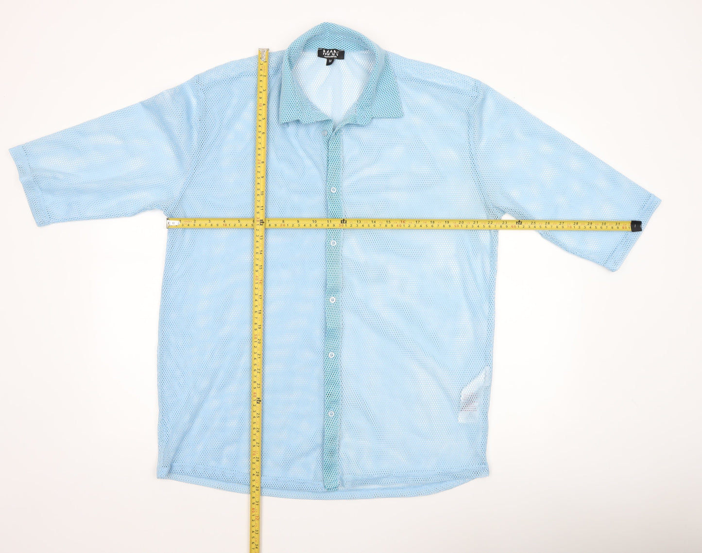 boohooMAN Men's Blue Mesh Button-Up 3/4 Sleeve Casual Shirt M