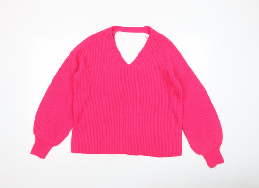 Miss Selfridge Women’s Pink V-Neck Chunky Knit Jumper Size 8