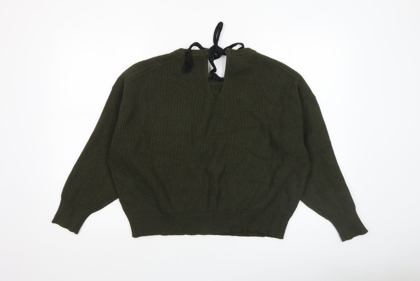 Zara Women Green Relaxed Knit Bow Back Long Sleeve Jumper XL