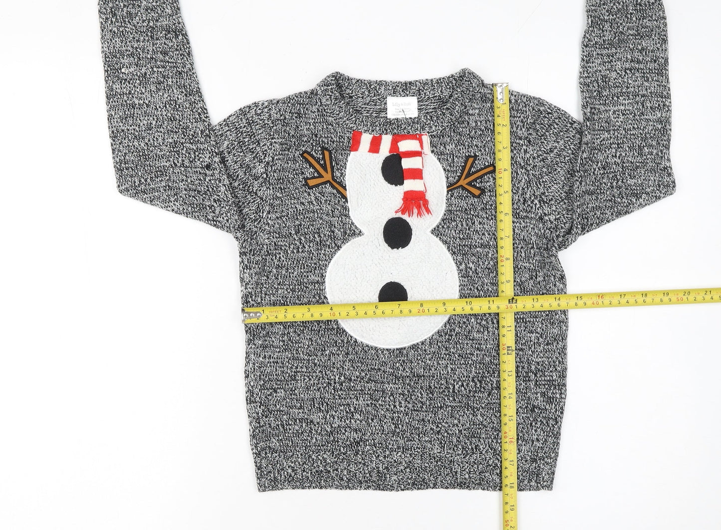 Lily & Dan Boys Grey Christmas Snowman Jumper 7-8 Years Acrylic Knit