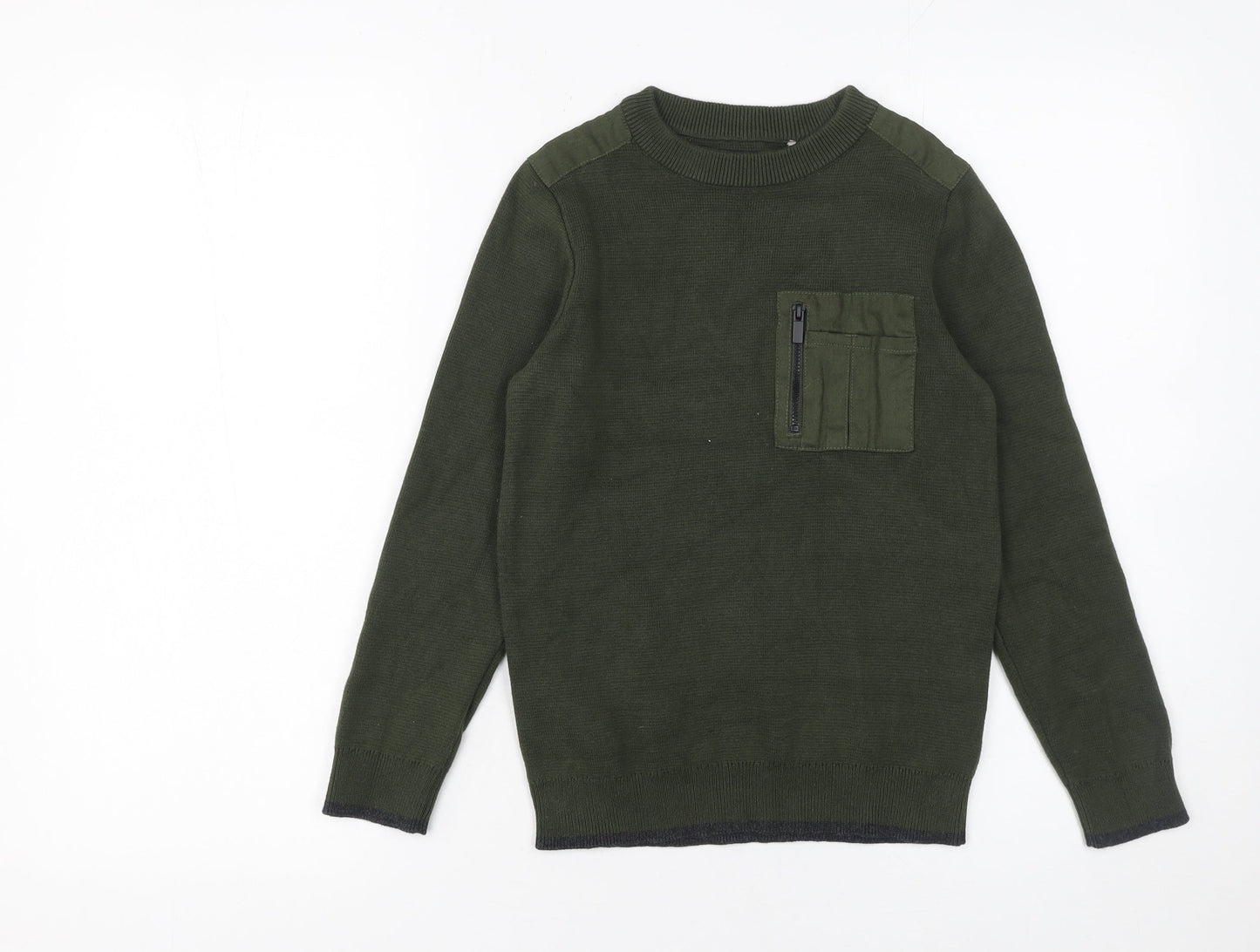 Next Boys Green Cotton Crew Neck Jumper 9 Years Long Sleeve Pocket Knit