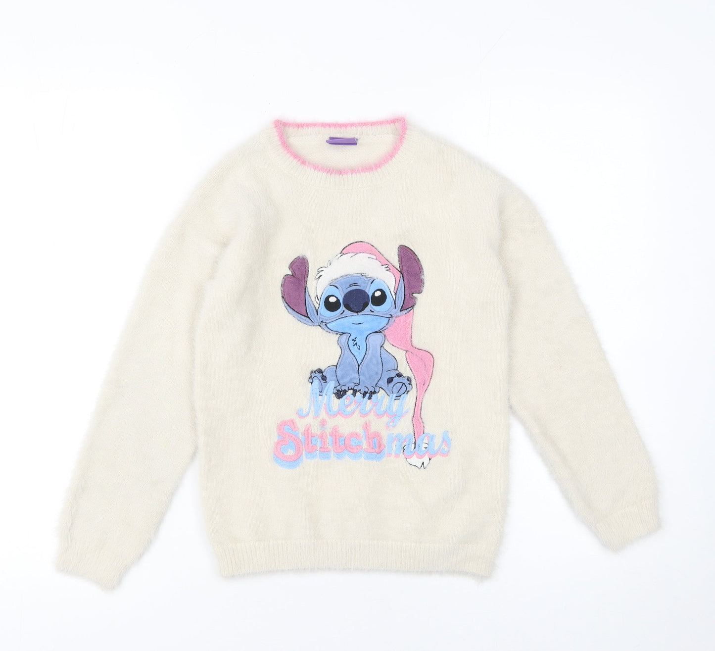 Disney Stitch Girls Ivory Fluffy Christmas Pullover Jumper 9 Years
