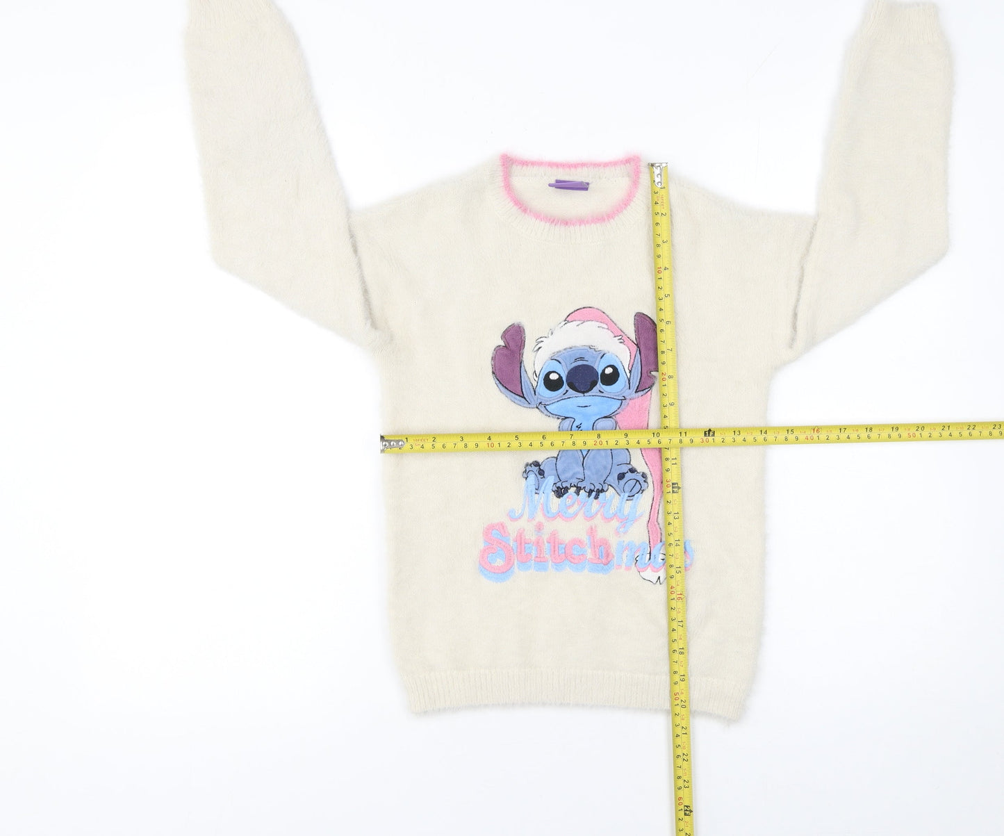 Disney Stitch Girls Ivory Fluffy Christmas Pullover Jumper 9 Years