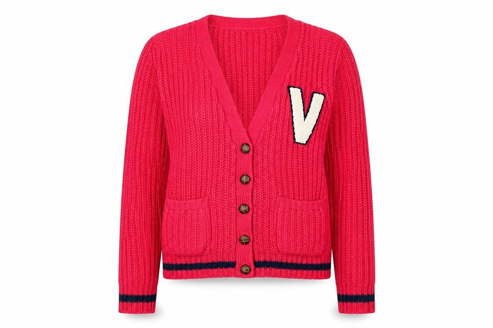 Front view of Atmosphere Women's Red Chunky Knit V-Neck Cardigan, size 14