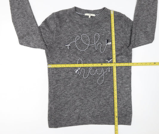 Next Women Grey Crew Neck Embroidered Pullover Jumper Size 10