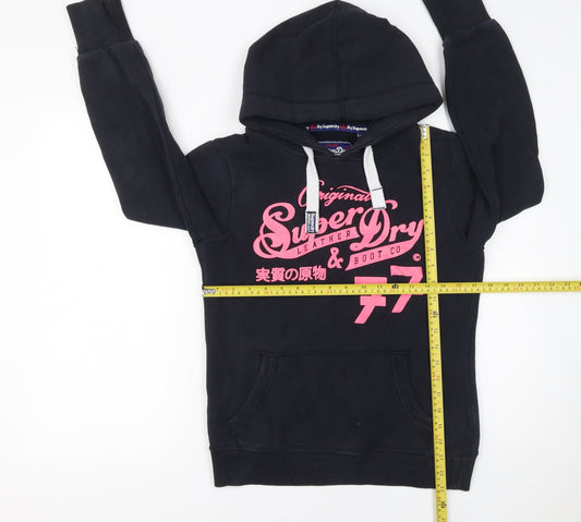 Superdry Women Black Pullover Hoodie Medium Graphic Print Casual