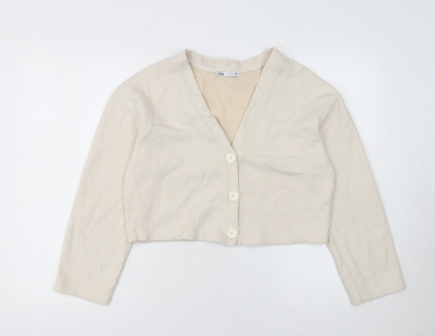 Zara Women Beige V-Neck Knit Cardigan Medium Cotton Blend