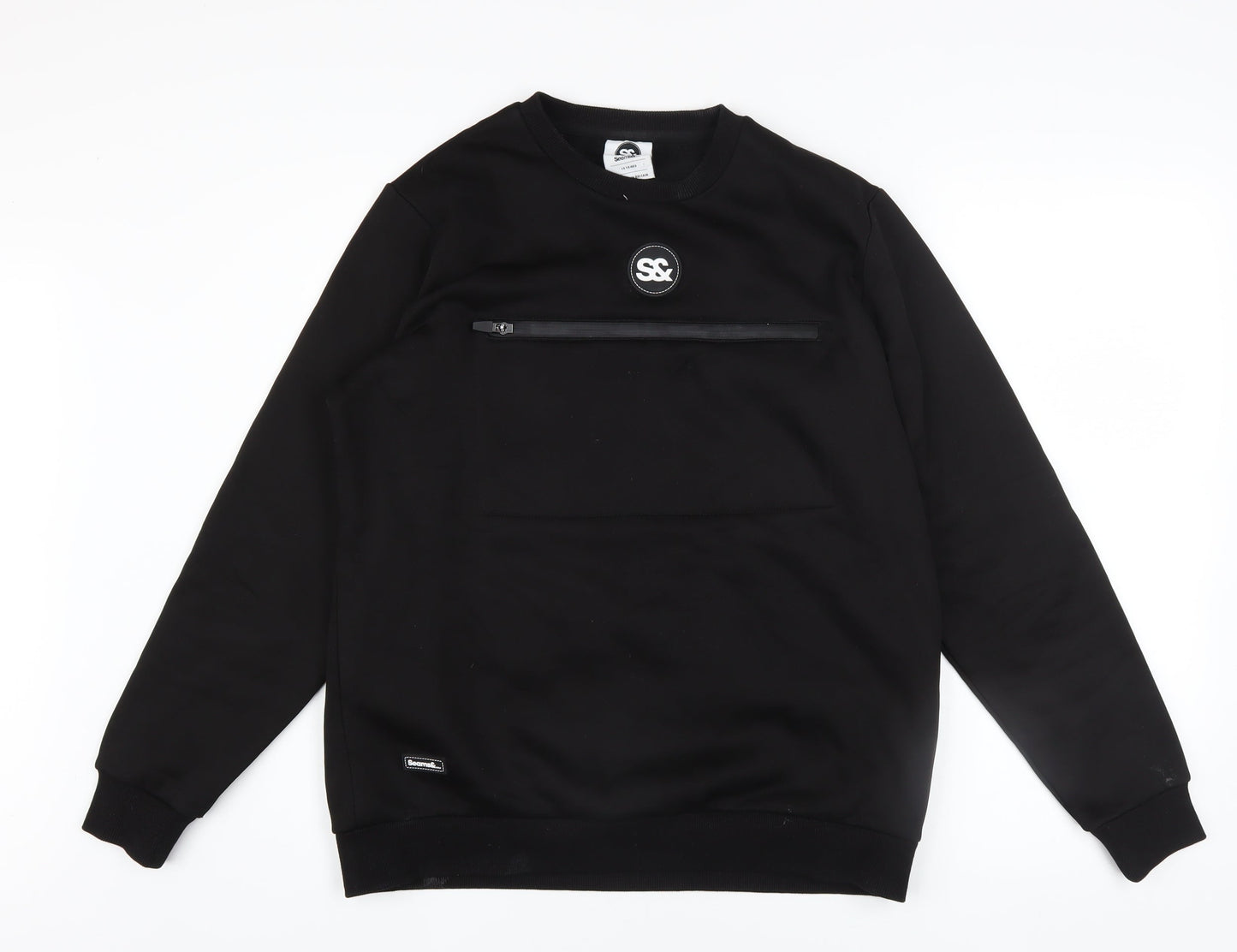 Seams& Boys Black Crew Neck Pullover Sweatshirt 15 Years Zip Detail