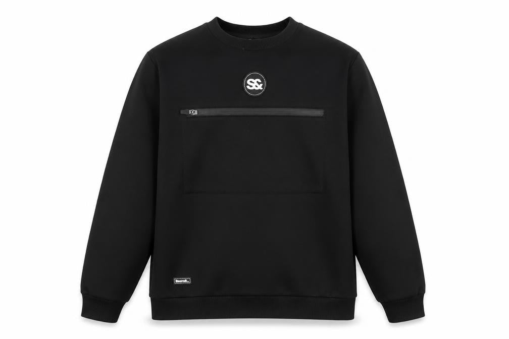 Front view of Seams& boys’ black crew neck pullover sweatshirt 15 years zip detail
