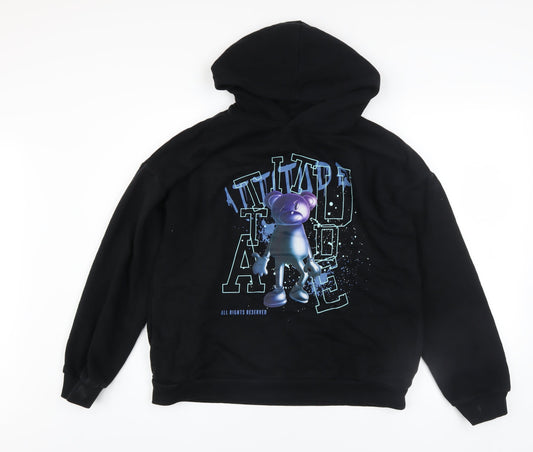 Marks and Spencer Boys Black Pullover Hoodie 13-14 Years Graphic Print Cotton Blend