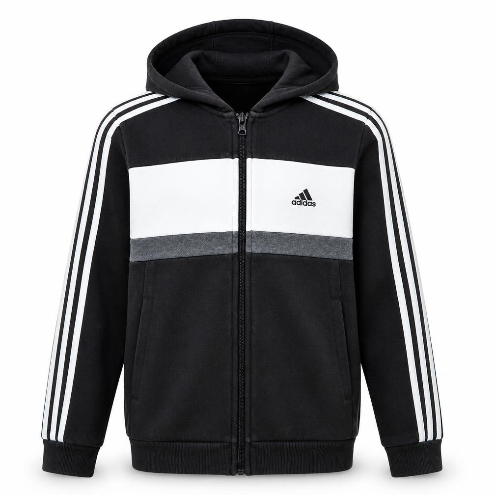 Front view of Adidas boys’ black full zip hoodie 11-12 years hooded sportswear