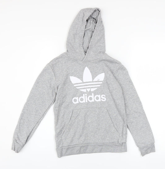 Adidas Boys Grey Pullover Hoodie 9-10 Years Cotton Blend Logo Sweatshirt