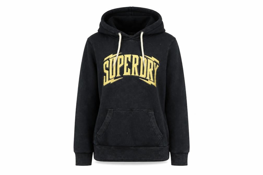 Superdry Womens Black Hoodie UK 12 Pullover Cotton Blend Graphic Logo