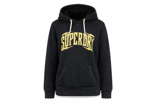 Superdry Womens Black Hoodie UK 12 Pullover Cotton Blend Graphic Logo