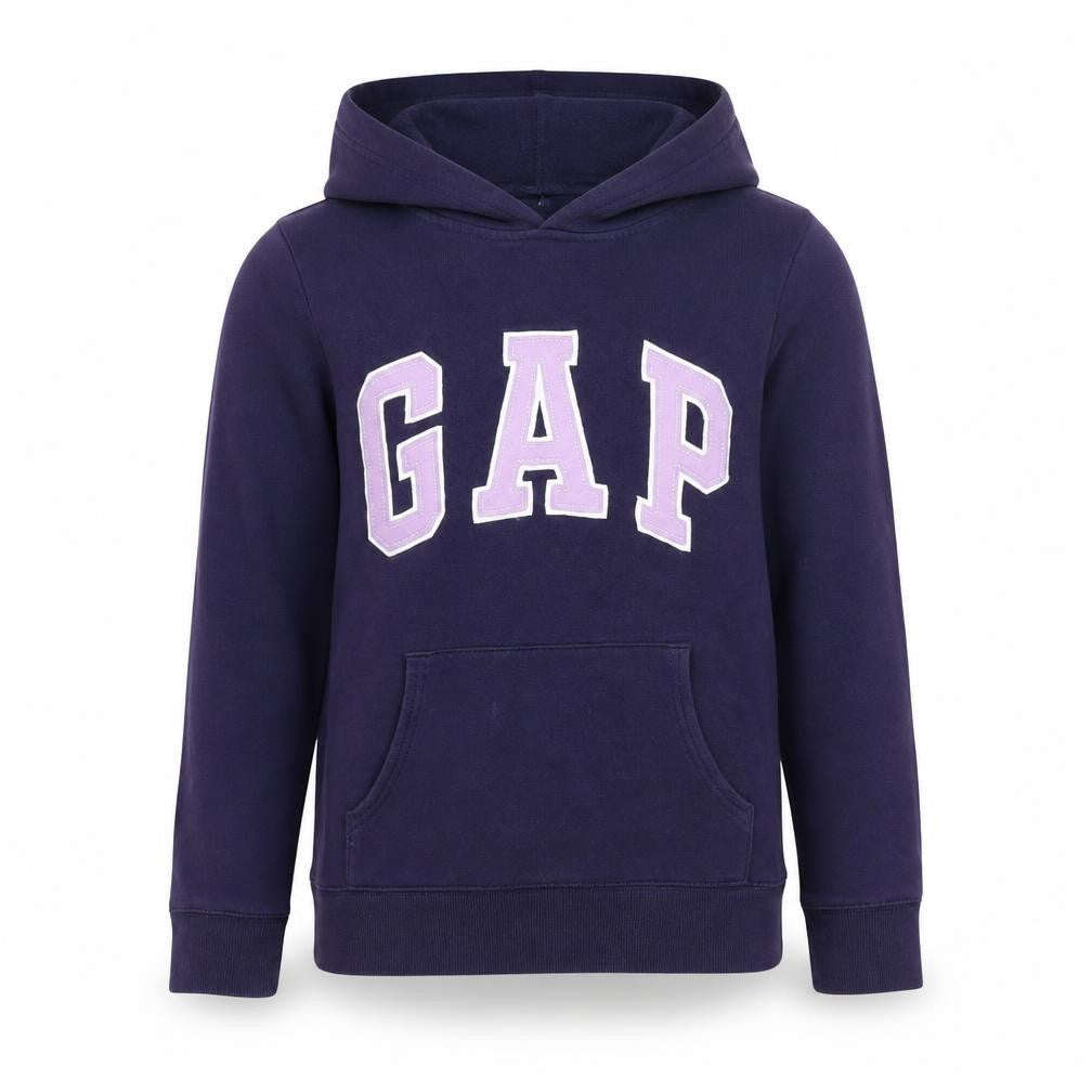 Front view of Gap girls’ purple hoodie 12 years pullover fleece logo sweatshirt