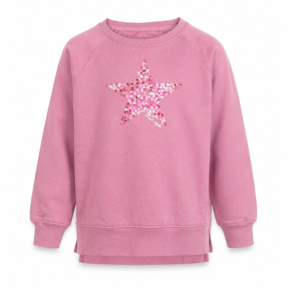 Front view of Board Angels girls’ pink sequin star pullover sweatshirt 7-8 years