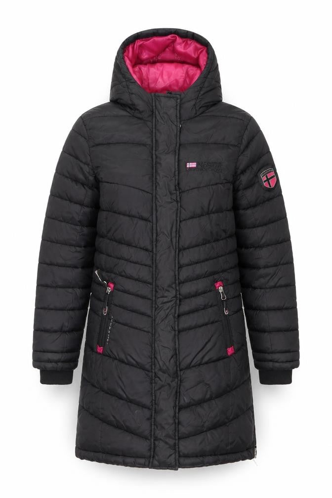 Front view of Geographical Norway girls’ black 8 years hooded puffer coat winter jacket