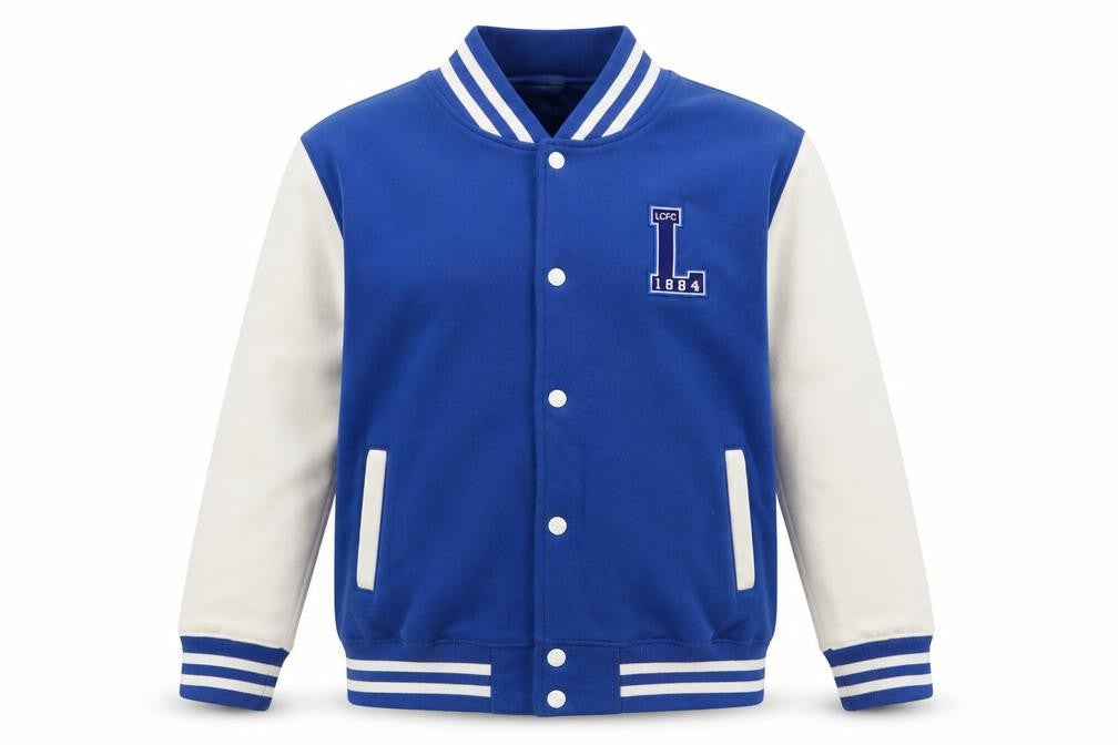 Front view of Leicester City boys’ blue varsity jacket 12-13 years cotton blend snap front