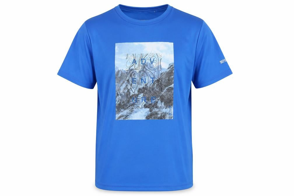 Front view of Regatta boys’ blue adventure graphic t-shirt 15-16 years lightweight activewear