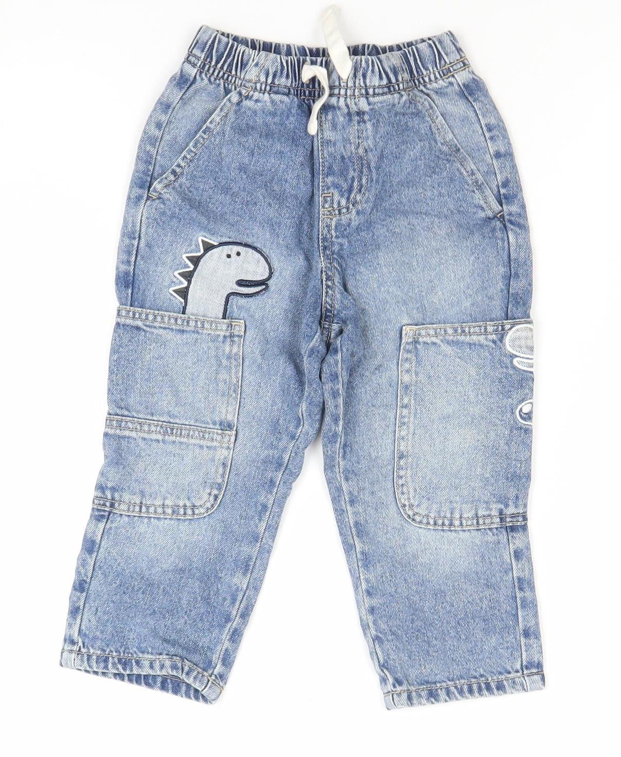 Dunnes Stores Boys Blue 18-24M Cargo Jeans Trousers with Dinosaur Design