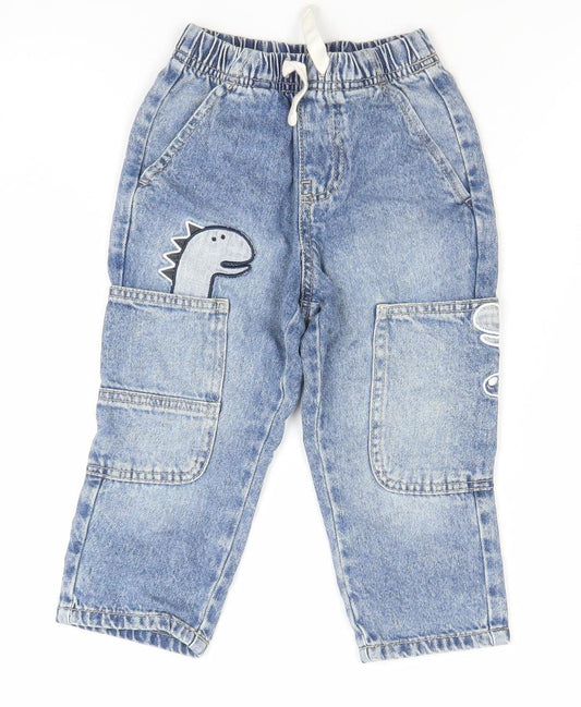 Dunnes Stores Boys Blue 18-24M Cargo Jeans Trousers with Dinosaur Design