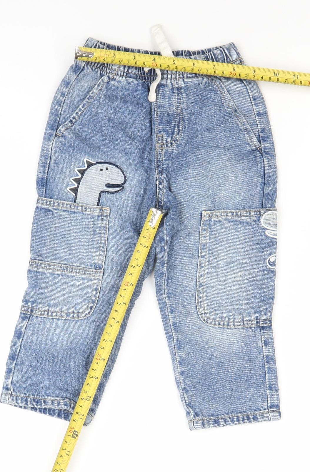 Dunnes Stores Boys Blue 18-24M Cargo Jeans Trousers with Dinosaur Design