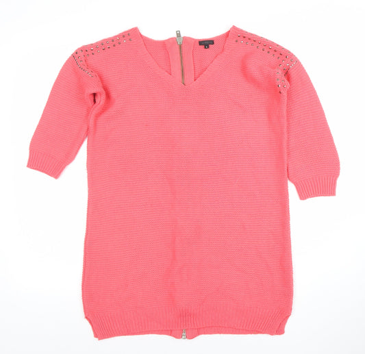 River Island Womens Pink V-Neck Studded Full Zip Knit Jumper Size 6