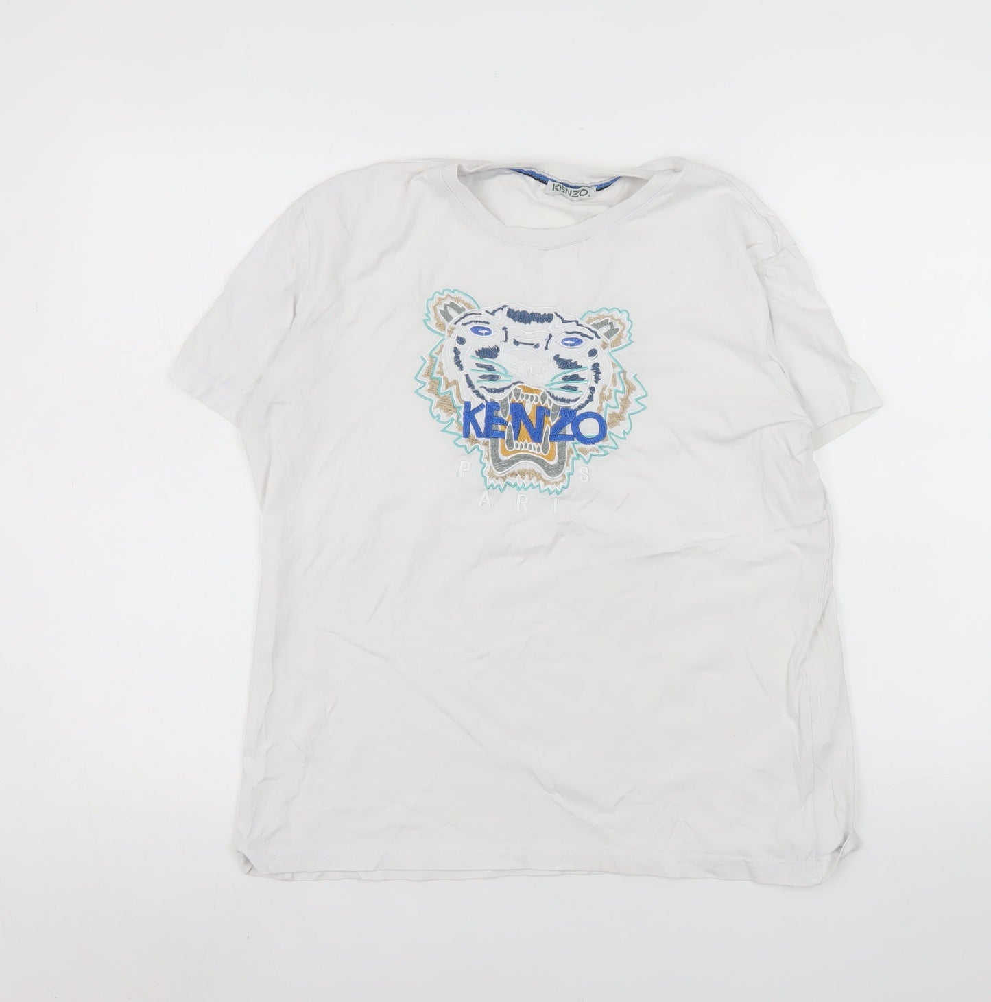 Kenzo Men's White Tiger Logo Embroidered Cotton T-Shirt L