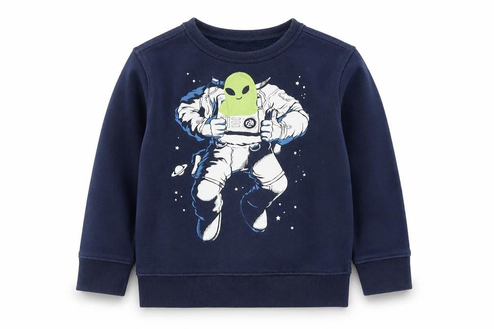 Front view of Gap boys’ blue space alien astronaut pullover sweatshirt 5 years fleece