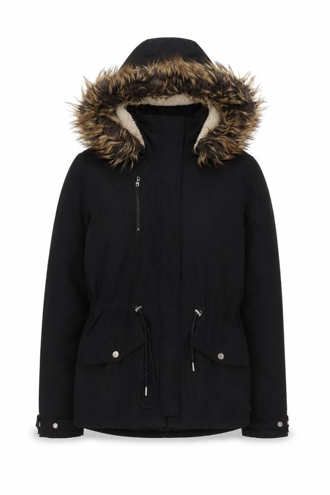 ONLY Womens Black Hooded Faux Fur Trim Parka Jacket XS