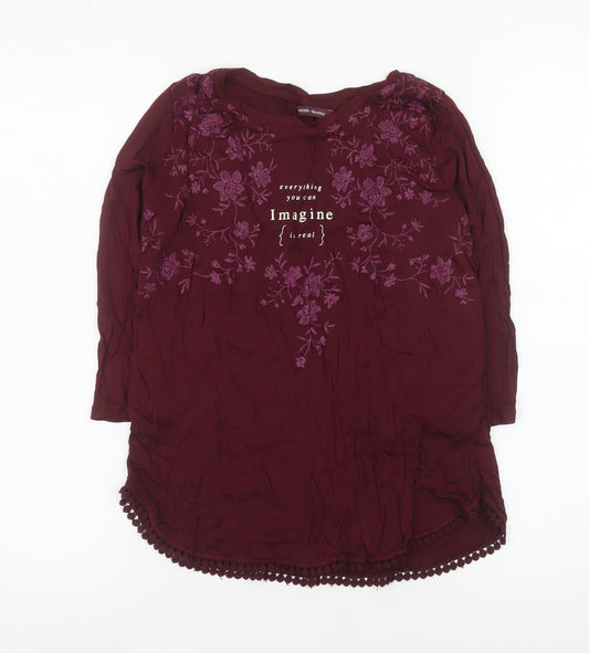Bershka Women Red Embroidered Floral Tunic Blouse S