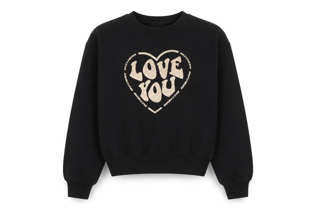 Front view of Skechers girls’ black love you graphic pullover sweatshirt 12-13 years