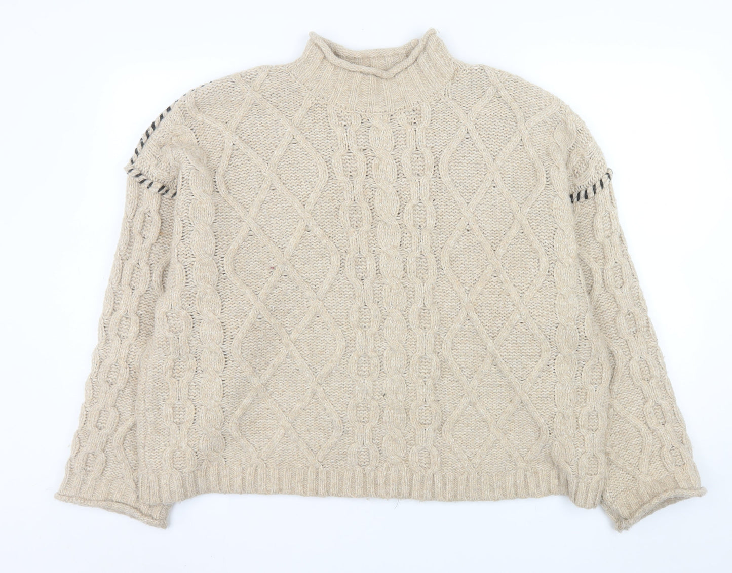Primark Womens Beige Cable-Knit Mock Neck Jumper Size L 14/16