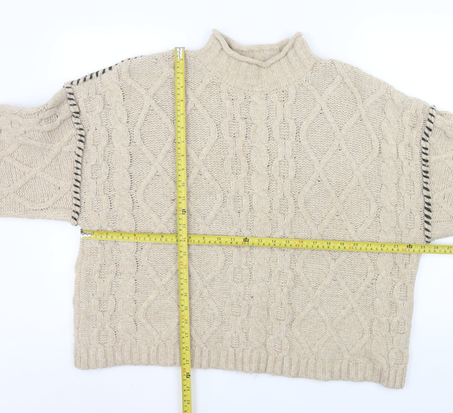 Primark Womens Beige Cable-Knit Mock Neck Jumper Size L 14/16