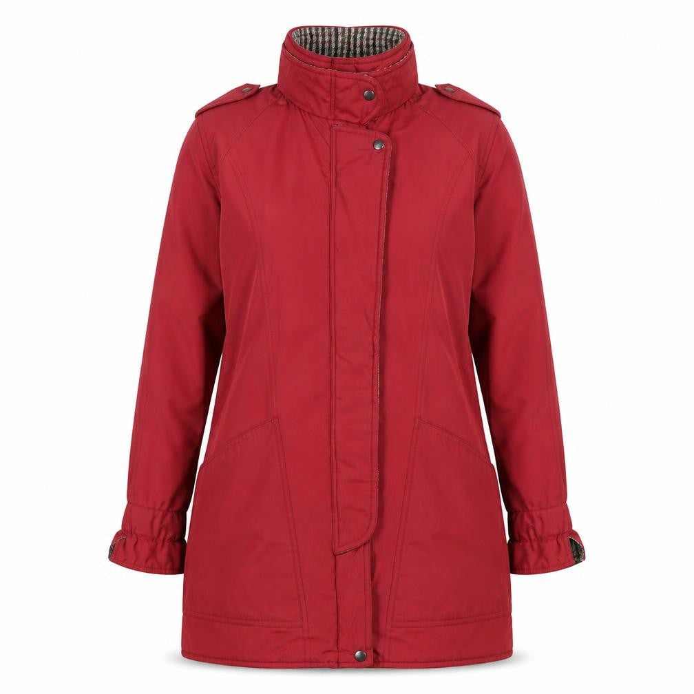 Front view of Nuage women’s red waterproof rain coat, size UK 10, hooded mid-length jacket