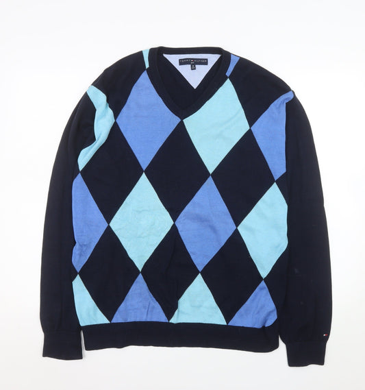 Tommy Hilfiger Mens Blue Argyle V-Neck Golf Cotton Jumper M