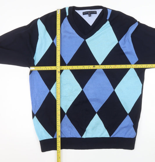 Tommy Hilfiger Mens Blue Argyle V-Neck Golf Cotton Jumper M