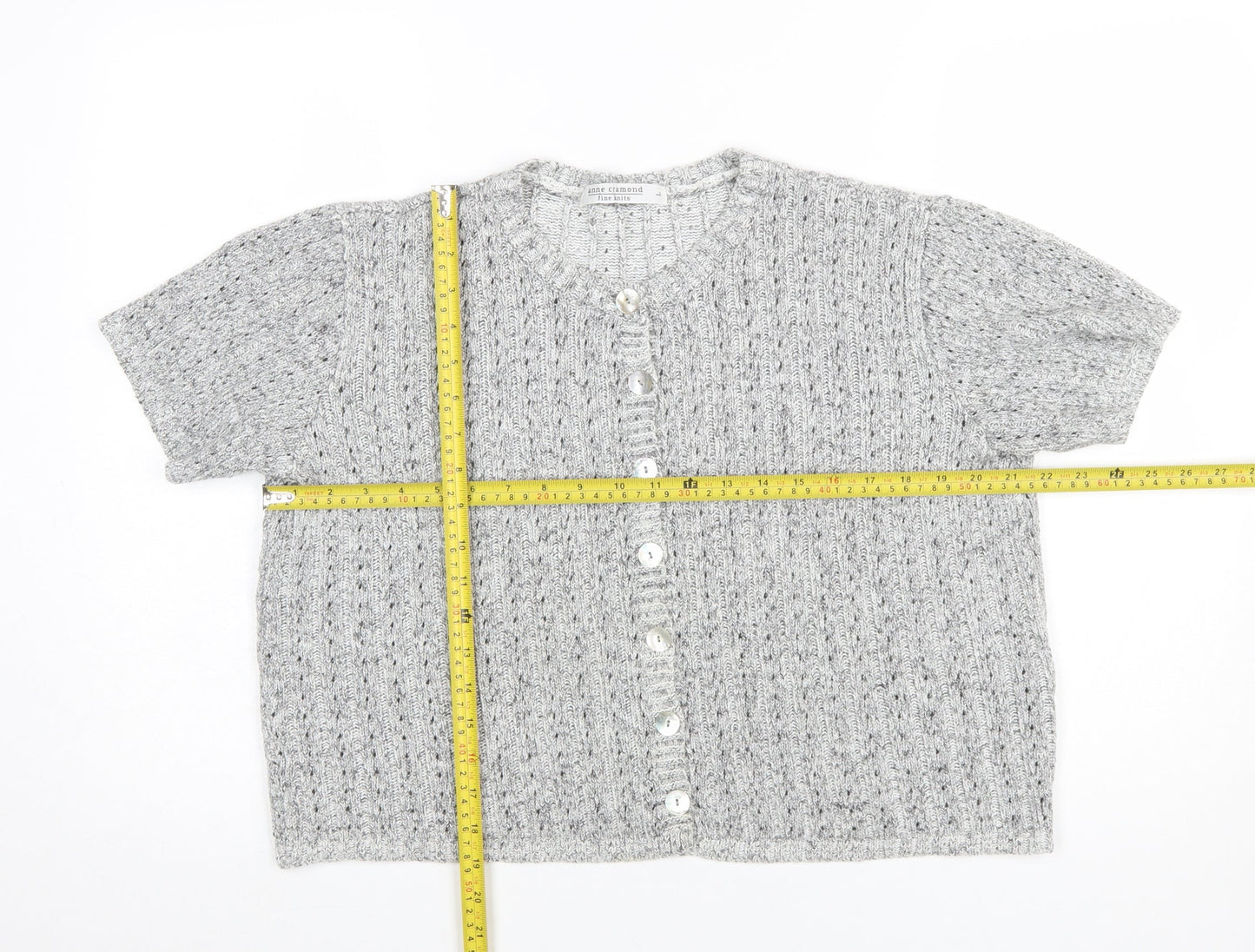 Anne Cramond Women's Grey Wool Blend Short Sleeve Cardigan L