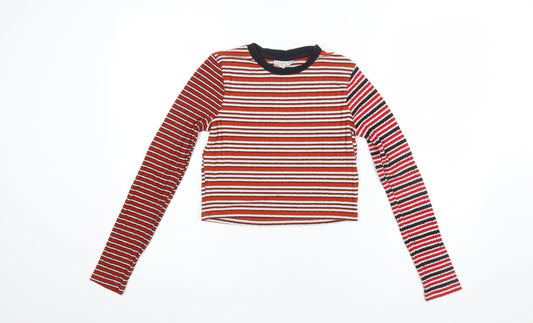 Topshop Women Red Striped Cropped Long Sleeve T-Shirt Size 8