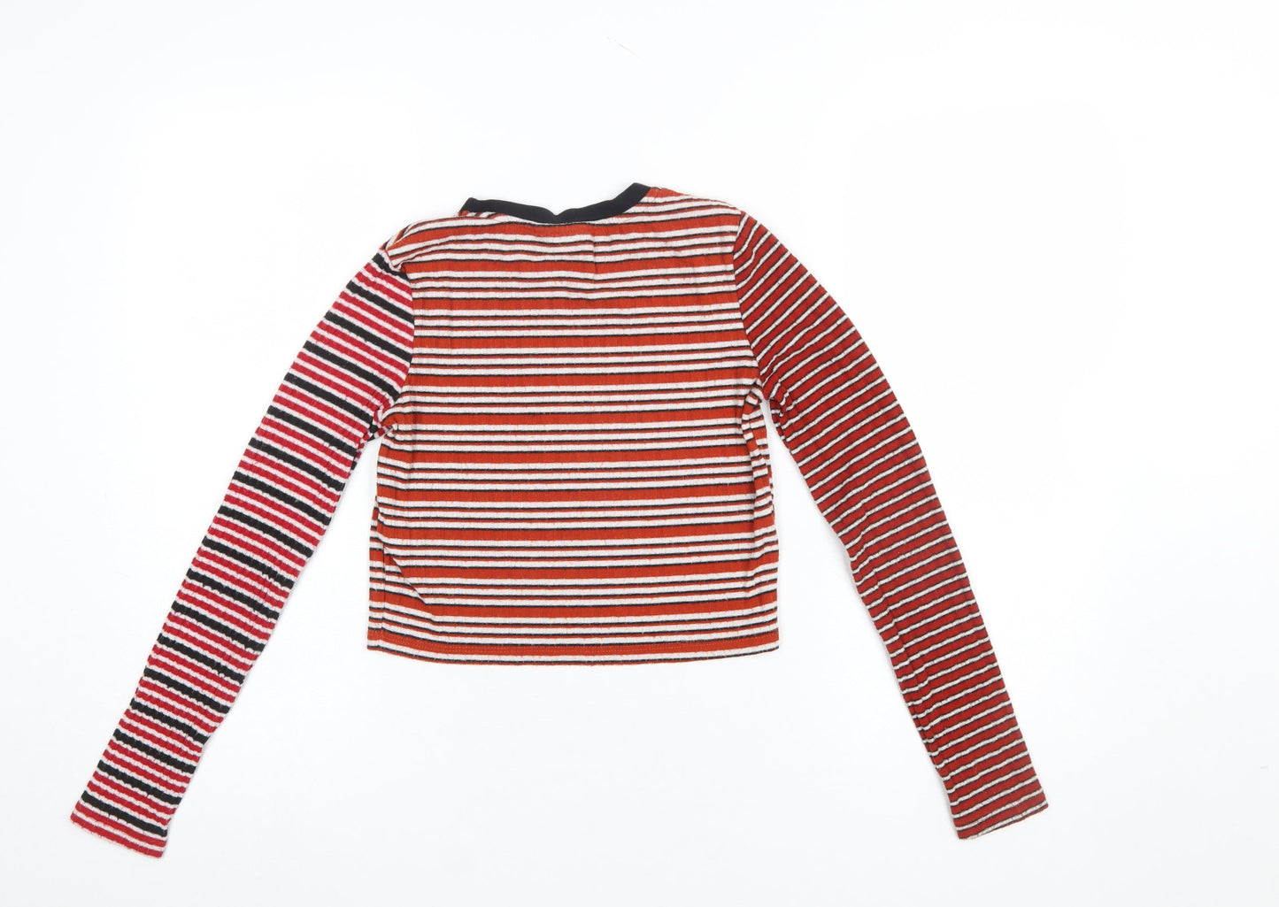 Topshop Women Red Striped Cropped Long Sleeve T-Shirt Size 8