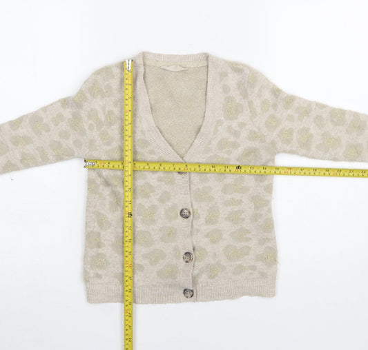 John Lewis Girls Beige Leopard Print Button Cardigan Age 8 Long Sleeve Knit
