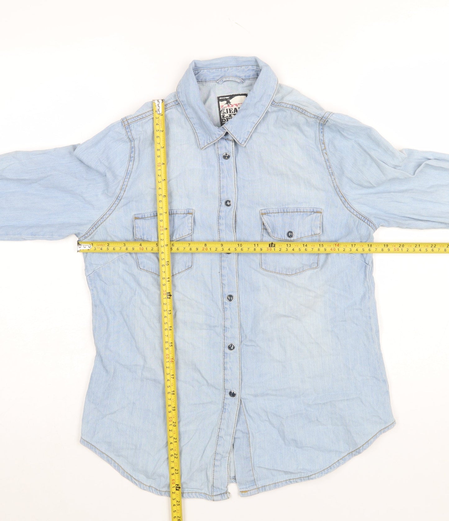 YES YES Womens Blue Denim Button-Up Shirt UK 12 Cotton Long Sleeve