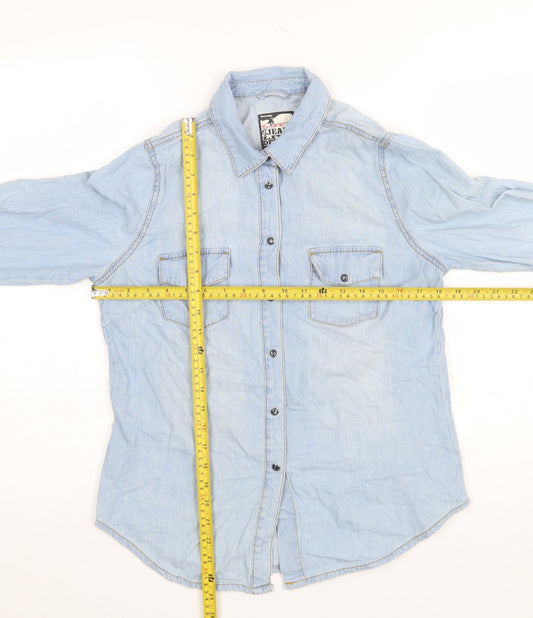 YES YES Womens Blue Denim Button-Up Shirt UK 12 Cotton Long Sleeve