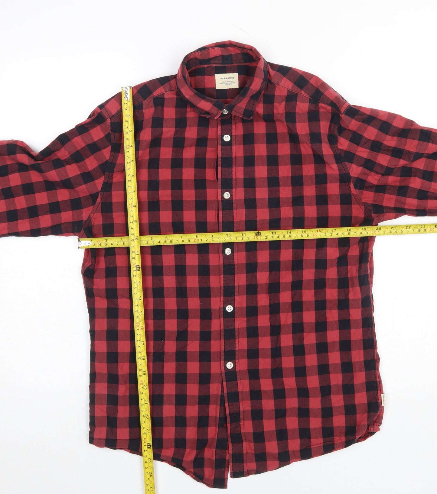 Jack & Jones Men's Red Check Flannel Button-Up Shirt M Regular Fit