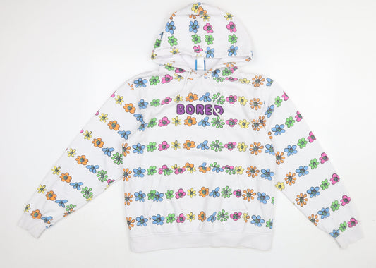 Teenage White Multicoloured Floral BORED Hoodie Women M Pullover