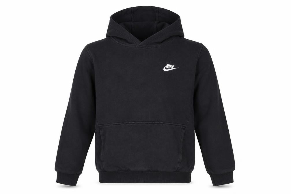 Front view of Nike boys’ black pullover hoodie l 147-158cm cotton blend logo sweatshirt