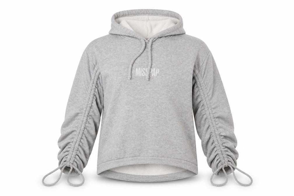 Misspap Women Grey Size 8 Pullover Hoodie with Ruched Sleeves