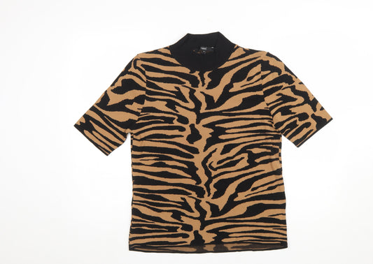 Next Women’s Brown Black Animal Print Mock Neck Short Sleeve Top Size 16