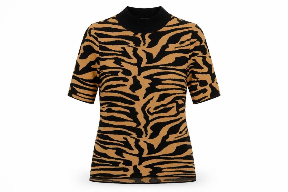 Next Women’s Brown Black Animal Print Mock Neck Short Sleeve Top Size 16